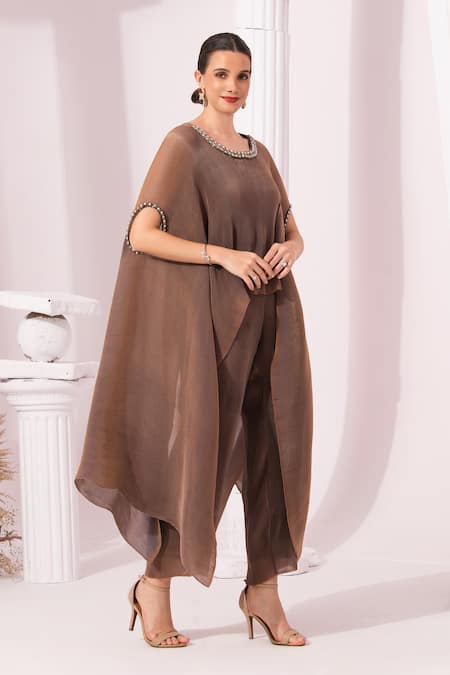 Preeti Mehta_Brown Tissue, Satin Stones, Embroidery Round Metallic Chestnut Kaftan And Pant Set _Online_at_Aza_Fashions