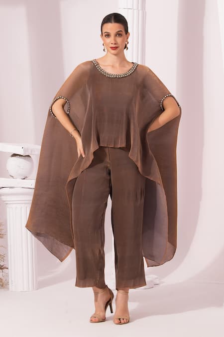 Preeti Mehta Metallic Chestnut Kaftan & Pant Set 