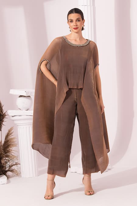 Buy_Preeti Mehta_Brown Tissue, Satin Stones, Embroidery Round Metallic Chestnut Kaftan And Pant Set _Online_at_Aza_Fashions