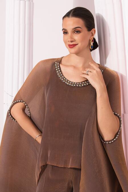 Shop_Preeti Mehta_Brown Tissue, Satin Stones, Embroidery Round Metallic Chestnut Kaftan And Pant Set _Online_at_Aza_Fashions