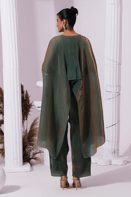 Shop Preeti Mehta Green Satin, Tissue Stones, Embroidery Round Metallic Moss Kaftan And Pant Set at Aza Fashions Shop_Preeti Mehta_Green Satin, Tissue Stones, Embroidery Round Metallic Moss Kaftan And Pant Set _at_Aza_Fashions