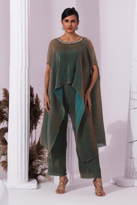 Preeti Mehta Green Satin, Tissue Stones, Embroidery Round Metallic Moss Kaftan And Pant Set 