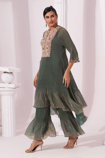 Buy_Preeti Mehta_Green Tissue, Satin Embroidery Round Neck Metallic Moss Kurta Set _Online_at_Aza_Fashions