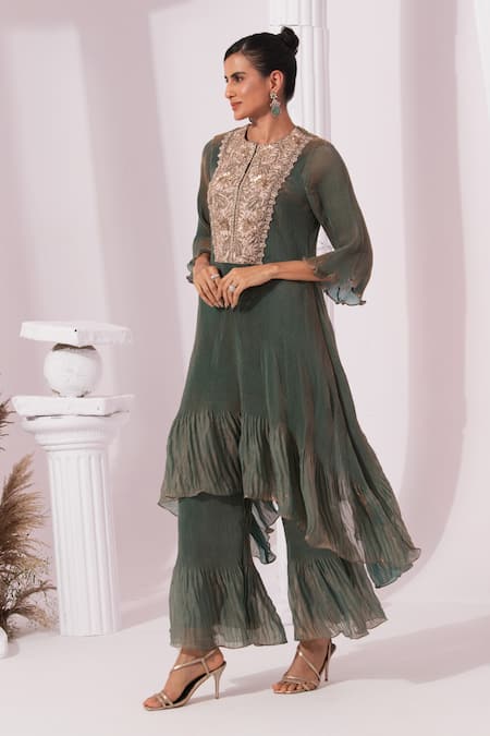 Shop_Preeti Mehta_Green Tissue, Satin Embroidery Round Neck Metallic Moss Kurta Set _Online_at_Aza_Fashions