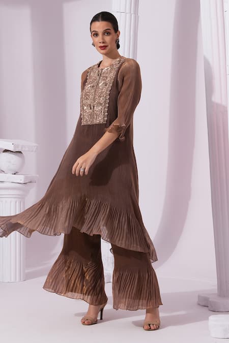 Buy_Preeti Mehta_Brown Tissue, Satin Embroidery, Sequins Round Neck Metallic Chestnut Kurta Set _Online_at_Aza_Fashions
