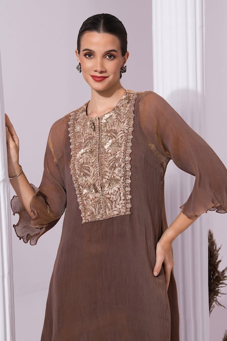Shop_Preeti Mehta_Brown Tissue, Satin Embroidery, Sequins Round Neck Metallic Chestnut Kurta Set _Online_at_Aza_Fashions