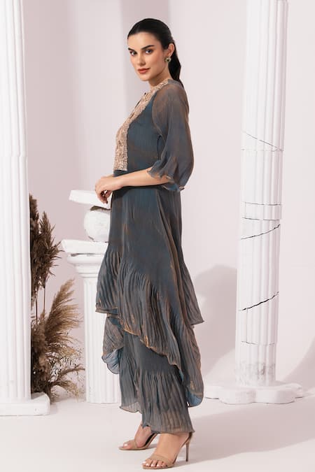 Preeti Mehta_Blue Satin, Tissue Embroidery, Metallic Thread Round Steel Kurta And Sharara Set _Online_at_Aza_Fashions