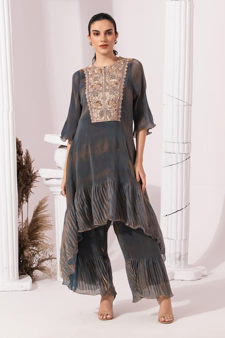 Buy_Preeti Mehta_Blue Satin, Tissue Embroidery, Metallic Thread Round Steel Kurta And Sharara Set _Online_at_Aza_Fashions