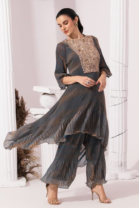 Shop_Preeti Mehta_Blue Satin, Tissue Embroidery, Metallic Thread Round Steel Kurta And Sharara Set _Online_at_Aza_Fashions