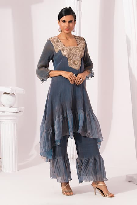 Preeti Mehta_Blue Satin, Tissue Embroidery, Beads Square Metallic Steel Kurta With Sharara _Online_at_Aza_Fashions