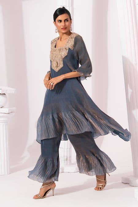 Buy_Preeti Mehta_Blue Satin, Tissue Embroidery, Beads Square Metallic Steel Kurta With Sharara _Online_at_Aza_Fashions