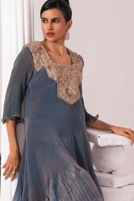 Shop_Preeti Mehta_Blue Satin, Tissue Embroidery, Beads Square Metallic Steel Kurta With Sharara _Online_at_Aza_Fashions