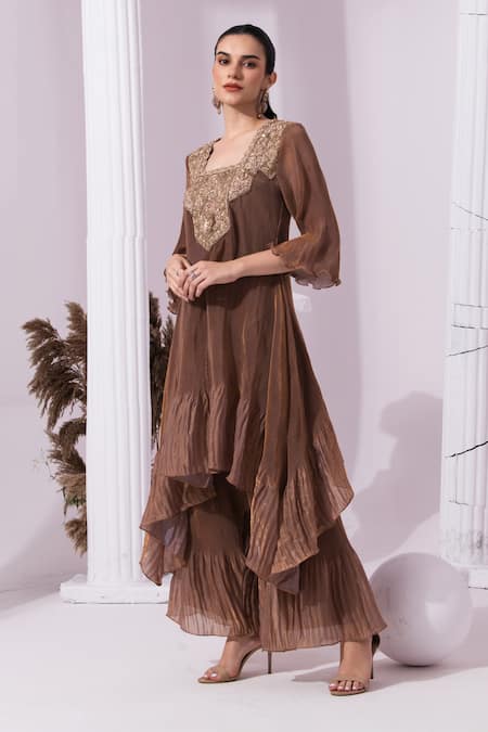 Preeti Mehta_Brown Tissue, Satin Embroidery, Beads, Metallic Chestnut Kurta With Sharara _Online_at_Aza_Fashions