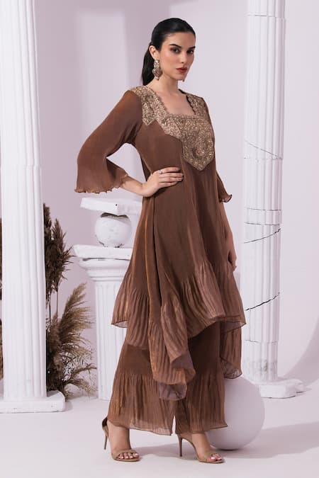 Buy_Preeti Mehta_Brown Tissue, Satin Embroidery, Beads, Metallic Chestnut Kurta With Sharara _Online_at_Aza_Fashions