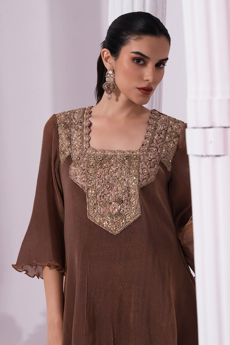 Shop_Preeti Mehta_Brown Tissue, Satin Embroidery, Beads, Metallic Chestnut Kurta With Sharara _Online_at_Aza_Fashions