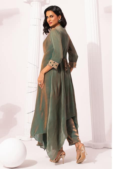 Buy_Preeti Mehta_Green Tissue, Satin Beads, Stones Boat Metallic Moss Draped Kurta And Pant Set _Online_at_Aza_Fashions