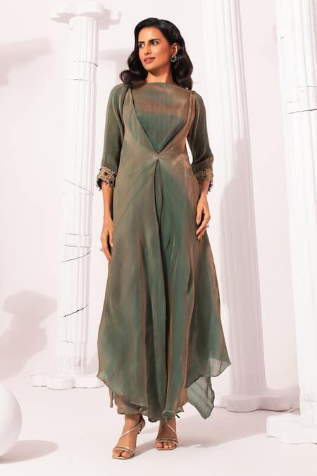 Preeti Mehta Metallic Moss Green Draped Kurta & Pant Set 
