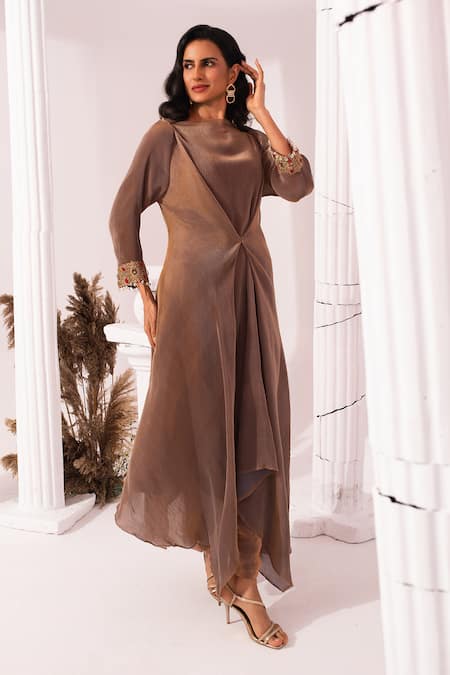 Buy_Preeti Mehta_Brown Tissue, Satin Embroidery, Beads, Metallic Chestnut Draped Kurta And Pant Set _Online_at_Aza_Fashions
