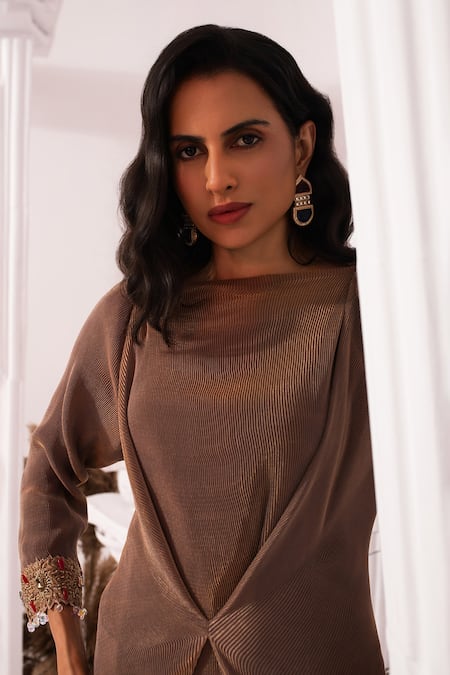 Shop_Preeti Mehta_Brown Tissue, Satin Embroidery, Beads, Metallic Chestnut Draped Kurta And Pant Set _Online_at_Aza_Fashions