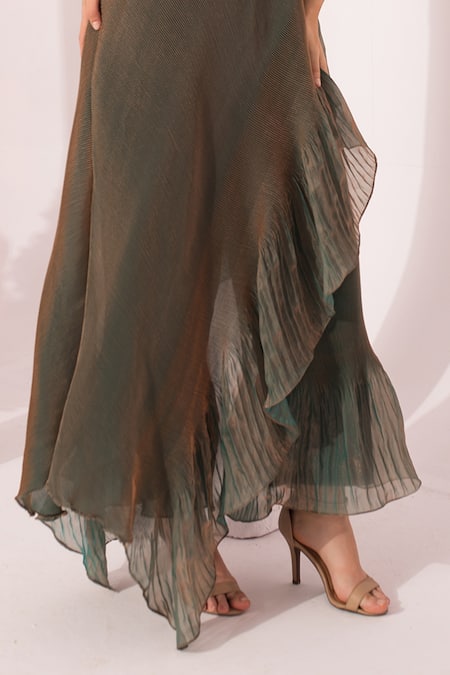 Preeti Mehta_Green Tissue, Satin Beads, Embroidery One Shoulder Metallic Moss Dress _Online_at_Aza_Fashions