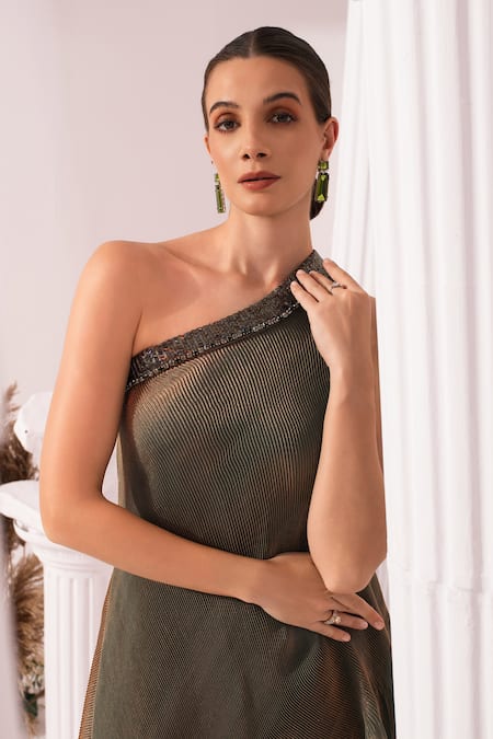 Shop_Preeti Mehta_Green Tissue, Satin Beads, Embroidery One Shoulder Metallic Moss Dress _Online_at_Aza_Fashions
