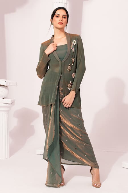 Preeti Mehta Metallic Moss Green Regal Jacket Skirt Set 