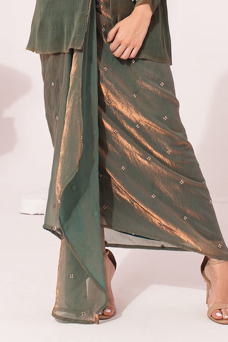 Preeti Mehta_Green Tissue, Satin Beads, Stones, Metallic Thread, Moss Regal Jacket Skirt Set _Online_at_Aza_Fashions