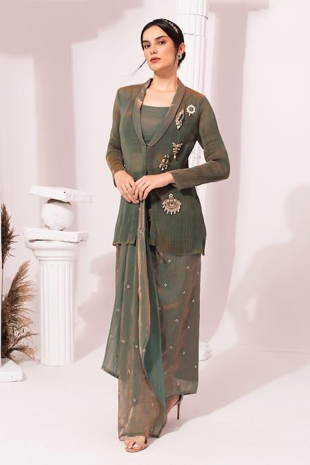 Shop_Preeti Mehta_Green Tissue, Satin Beads, Stones, Metallic Thread, Moss Regal Jacket Skirt Set _Online_at_Aza_Fashions