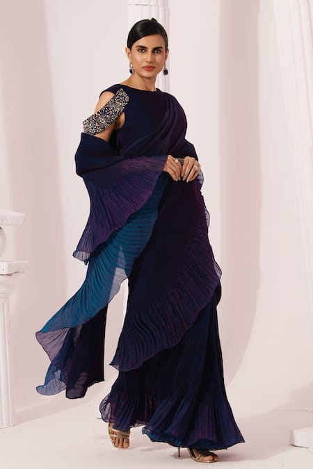 Preeti Mehta_Blue Tissue, Satin Embroidery, Metallic Peacock Pre-draped Saree With Blouse _Online_at_Aza_Fashions