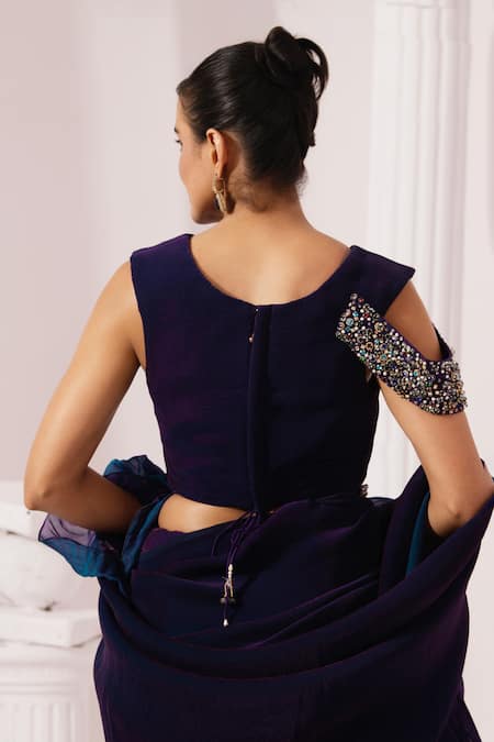 Buy_Preeti Mehta_Blue Tissue, Satin Embroidery, Metallic Peacock Pre-draped Saree With Blouse _Online_at_Aza_Fashions