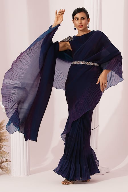 Shop_Preeti Mehta_Blue Tissue, Satin Embroidery, Metallic Peacock Pre-draped Saree With Blouse _Online_at_Aza_Fashions