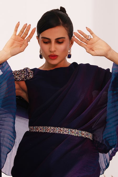 Preeti Mehta_Blue Tissue, Satin Embroidery, Metallic Peacock Pre-draped Saree With Blouse _at_Aza_Fashions