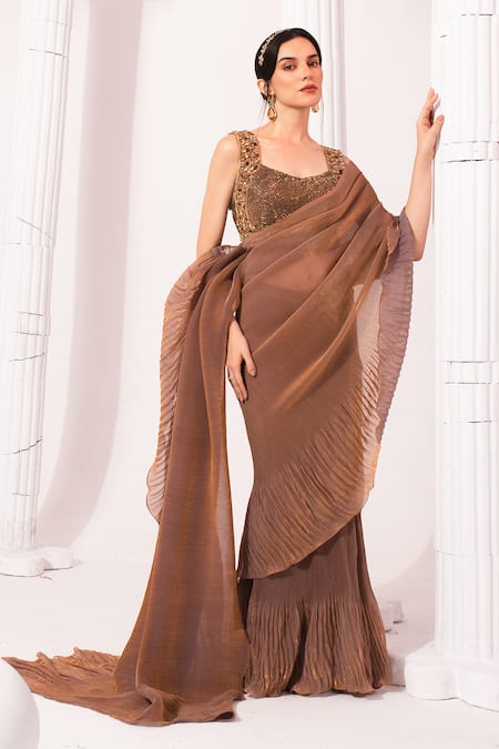 Buy_Preeti Mehta_Brown Tissue, Satin Sequins, Metallic Chestnut Pre-draped Saree With Blouse _Online_at_Aza_Fashions