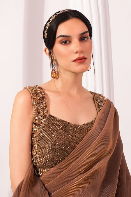 Preeti Mehta_Brown Tissue, Satin Sequins, Metallic Chestnut Pre-draped Saree With Blouse _at_Aza_Fashions