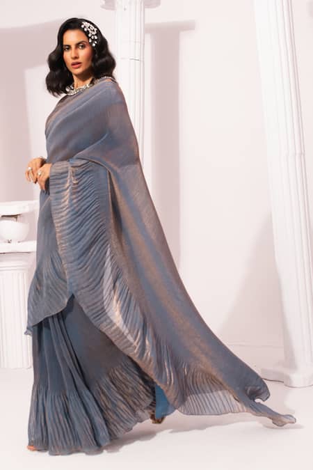 Preeti Mehta_Blue Tissue, Satin Embroidery Round Metallic Steel Pre-draped Saree With Blouse _Online_at_Aza_Fashions