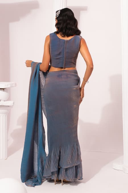Preeti Mehta Metallic Steel Blue Pre-Draped Saree With Blouse 
