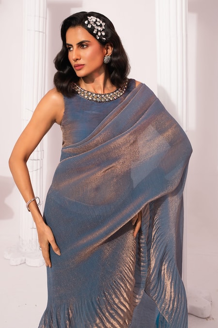 Preeti Mehta_Blue Tissue, Satin Embroidery Round Metallic Steel Pre-draped Saree With Blouse _at_Aza_Fashions