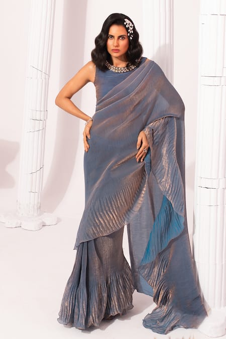 Preeti Mehta Metallic Steel Blue Pre-Draped Saree With Blouse 