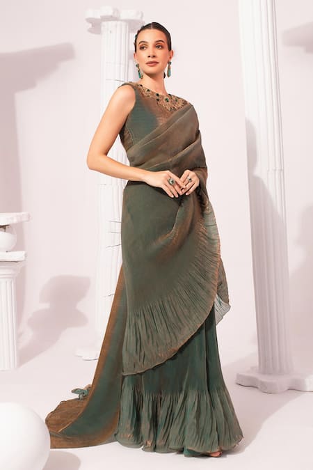 Preeti Mehta_Green Tissue, Satin Embroidery, Metallic Moss Pre-draped Saree With Blouse _Online_at_Aza_Fashions