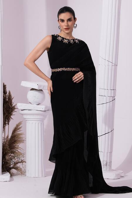 Preeti Mehta_Black Tissue, Satin Beads, Stones, Metallic Jet Pre-draped Saree With Blouse _Online_at_Aza_Fashions