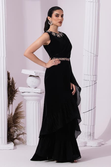Buy_Preeti Mehta_Black Tissue, Satin Beads, Stones, Metallic Jet Pre-draped Saree With Blouse _Online_at_Aza_Fashions