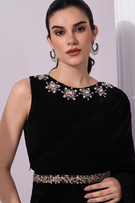 Shop_Preeti Mehta_Black Tissue, Satin Beads, Stones, Metallic Jet Pre-draped Saree With Blouse _Online_at_Aza_Fashions
