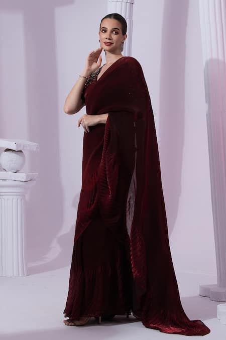 Preeti Mehta_Wine Satin, Tissue Beads, Sequins Metallic Red Pre-draped Saree With Blouse _Online_at_Aza_Fashions