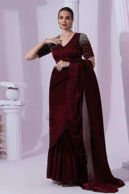 Preeti Mehta Metallic Wine Red Pre-Draped Saree With Blouse 