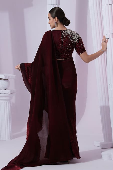 Preeti Mehta Metallic Wine Red Pre-Draped Saree With Blouse 