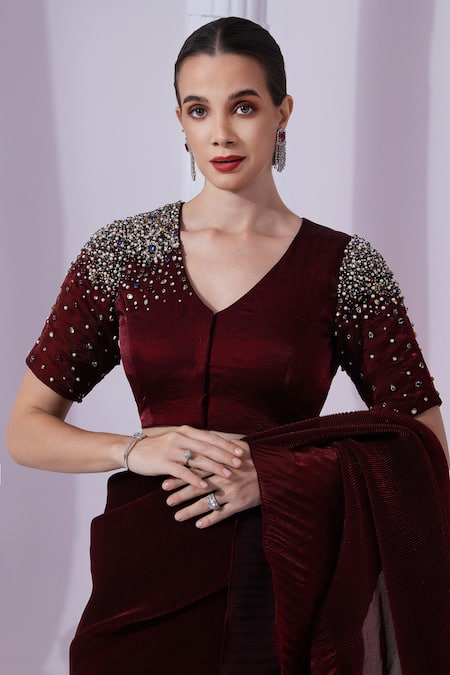 Buy_Preeti Mehta_Wine Satin, Tissue Beads, Sequins Metallic Red Pre-draped Saree With Blouse _Online_at_Aza_Fashions