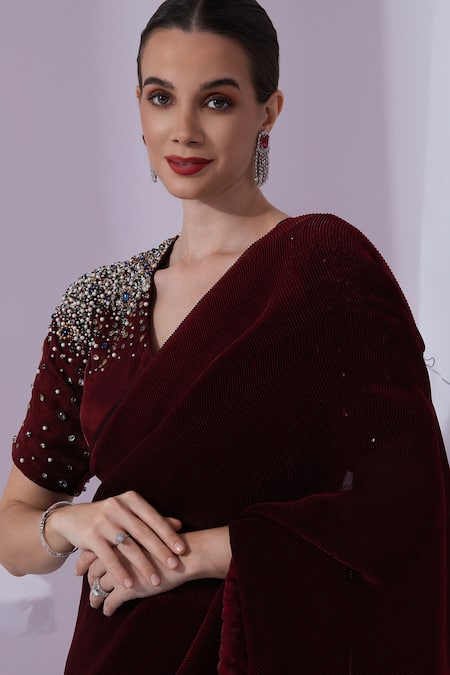 Shop_Preeti Mehta_Wine Satin, Tissue Beads, Sequins Metallic Red Pre-draped Saree With Blouse _Online_at_Aza_Fashions