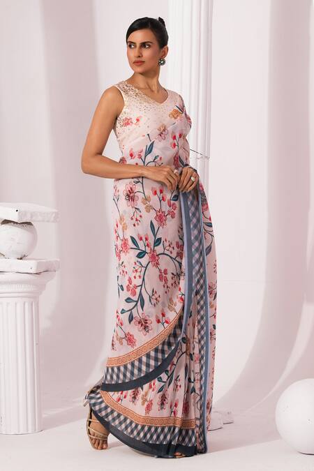 Buy_Preeti Mehta_Cream Viscose Georgette, Polyester Checks And Whimsy Pre-draped Saree With Blouse _Online_at_Aza_Fashions