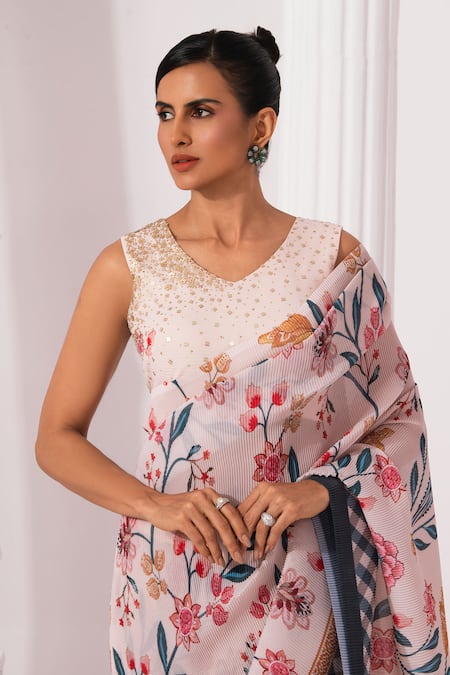 Shop_Preeti Mehta_Cream Viscose Georgette, Polyester Checks And Whimsy Pre-draped Saree With Blouse _Online_at_Aza_Fashions