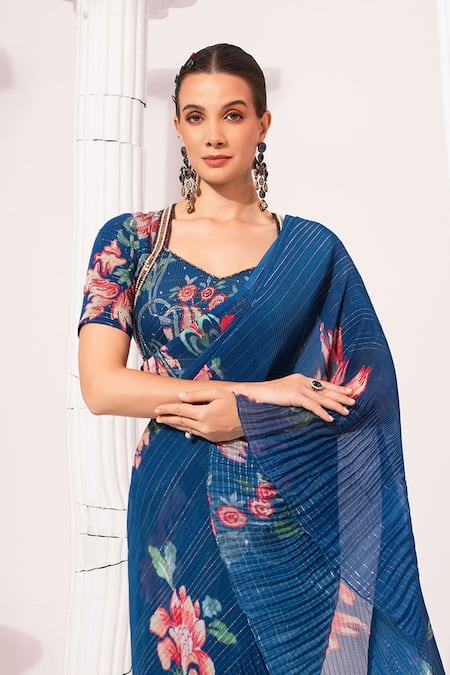 Preeti Mehta_Blue Chiffon, Lurex Foil Printing, Wildflower Deep Pre-draped Saree With Blouse _Online_at_Aza_Fashions